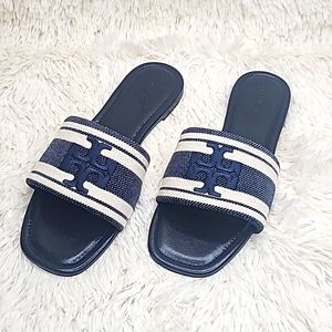 Tory Burch Double T Jacquard Slide Stripe logo - Size 10, blue & white